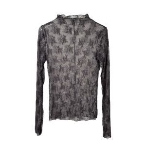 Free People Lady Lux Layering Top Large L Dark Gray Lace Mock Neck Thumbholes